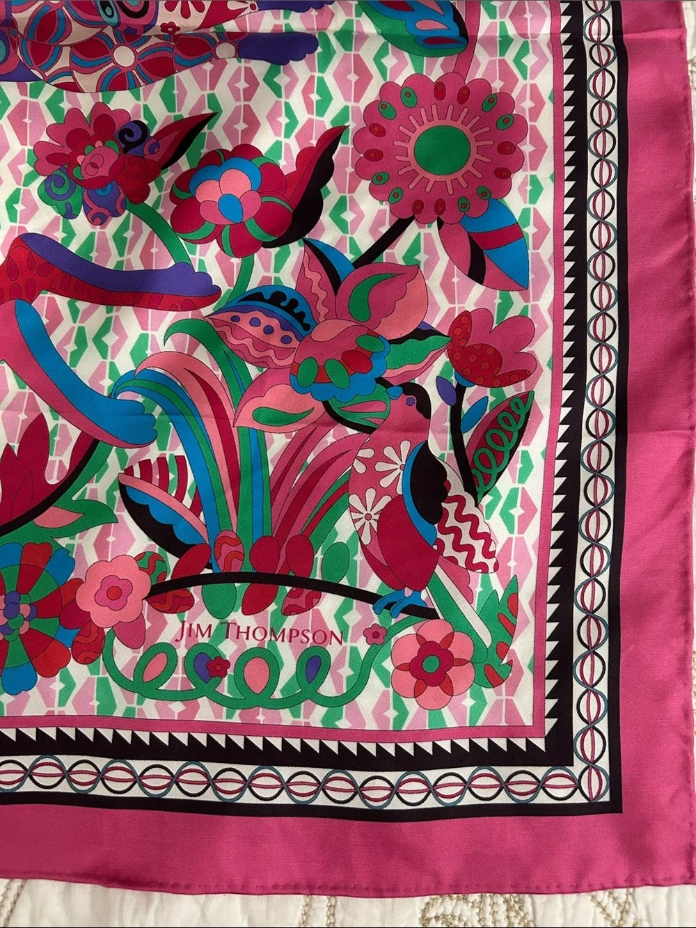Vintage JimThompson Pink Silk Scarf Multicolor Botanical Square Scarf